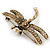Vintage Citrine Crystal 'Dragonfly With Simulated Pearl' Brooch In Antique Gold Metal - 6cm Length - view 8