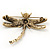 Vintage Citrine Crystal 'Dragonfly With Simulated Pearl' Brooch In Antique Gold Metal - 6cm Length - view 3