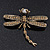 Vintage Citrine Crystal 'Dragonfly With Simulated Pearl' Brooch In Antique Gold Metal - 6cm Length - view 2