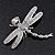 Clear Crystal 'Dragonfly With Simulated Pearl' Brooch In Silver Plated Metal - 6cm Length - view 6