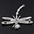 Clear Crystal 'Dragonfly With Simulated Pearl' Brooch In Silver Plated Metal - 6cm Length - view 4