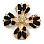 Vintage Black Jewelled Clear Crystal 'Cross' Brooch In Gold Plating - 6.5cm Length