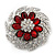 Red/Clear Diamante Flower Scarf Pin Brooch In Silver Plating - 5.5cm Diameter