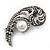 Vintage Diamante Simulated Pearl 'Feather' Brooch In Antique Silver Finish - 5cm Length