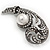 Vintage Diamante Simulated Pearl 'Feather' Brooch In Antique Silver Finish - 5cm Length - view 2