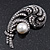Vintage Diamante Simulated Pearl 'Feather' Brooch In Antique Silver Finish - 5cm Length - view 4