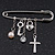 'Simulated Pearl, Cross, Lock&Key' Safety Pin Brooch In Rhodium Plated Metal - - view 2