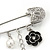 'Flower, Butterfly & Simulated Pearl Bead' Swarovski Crystal Safety Pin Brooch In Rhodium Plated Metal - 5cm Length - view 6