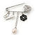 'Flower, Butterfly & Simulated Pearl Bead' Swarovski Crystal Safety Pin Brooch In Rhodium Plated Metal - 5cm Length - view 4