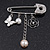'Flower, Butterfly & Simulated Pearl Bead' Swarovski Crystal Safety Pin Brooch In Rhodium Plated Metal - 5cm Length - view 2