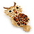 Oversized Rhodium Plated Filigree Amber Coloured Crystal 'Owl' Brooch - 7.5cm Length - view 3