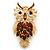 Oversized Rhodium Plated Filigree Amber Coloured Crystal 'Owl' Brooch - 7.5cm Length - view 2