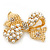 Gold Plated White Simulated Pearl Diamante 'Bow' Brooch - 5cm Length - view 2