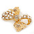 Gold Plated White Simulated Pearl Diamante 'Bow' Brooch - 5cm Length - view 4