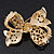 Gold Plated White Simulated Pearl Diamante 'Bow' Brooch - 5cm Length - view 3