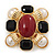Square Simulated Pearl, Black Glass, Red Stone Brooch In Gold Plating - 5cm Length