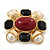 Square Simulated Pearl, Black Glass, Red Stone Brooch In Gold Plating - 5cm Length - view 2