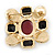 Square Simulated Pearl, Black Glass, Red Stone Brooch In Gold Plating - 5cm Length - view 5