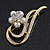 Gold Plated Simulated Pearl/ Crystal Flower Bridal Brooch - 6cm Length - view 2