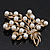 White Simulated Pearl/ Clear Crystal Floral Brooch In Gold Plating - 6cm Length - view 5
