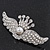 'Crown & Wings' Simulated Pearl/ Crystal Brooch In Rhodium Plating - 6cm Length - view 3