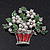 'Basket With Christmas Bouquet' Red/Green Enamel Simulated Pearl Brooch In Silver Plating - 5.5cm Length - view 2
