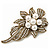 Vintage Bridal Swarovski Crystal Faux Pearl Floral Brooch In Burn Gold Tone - 7cm Length - view 3