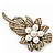 Vintage Bridal Swarovski Crystal Faux Pearl Floral Brooch In Burn Gold Tone - 7cm Length - view 9