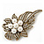 Vintage Bridal Swarovski Crystal Faux Pearl Floral Brooch In Burn Gold Tone - 7cm Length - view 8