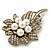 Vintage Bridal Swarovski Crystal Faux Pearl Floral Brooch In Burn Gold Tone - 7cm Length - view 7
