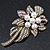 Vintage Bridal Swarovski Crystal Faux Pearl Floral Brooch In Burn Gold Tone - 7cm Length - view 5