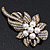 Vintage Bridal Swarovski Crystal Faux Pearl Floral Brooch In Burn Gold Tone - 7cm Length - view 6
