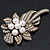 Vintage Bridal Swarovski Crystal Faux Pearl Floral Brooch In Burn Gold Tone - 7cm Length - view 10