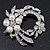 White Simulated Glass Pearl/ Clear Crystal Wreath Brooch In Rhodium Plating - 5cm Diameter - view 6