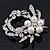 White Simulated Glass Pearl/ Clear Crystal Wreath Brooch In Rhodium Plating - 5cm Diameter - view 8