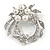 White Simulated Glass Pearl/ Clear Crystal Wreath Brooch In Rhodium Plating - 5cm Diameter