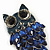 Navy Blue Diamante Enamel 'Owl' Brooch In Rhodium Plating - 5cm Length - view 4