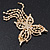 Gold Plated Clear Swarovski Crystal Butterfly With Dangling Tail Brooch - 8.5cm Length - view 5
