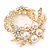 White Simulated Glass Pearl/ Clear Crystal Wreath Brooch In Gold Plating - 5cm Diameter - view 2