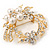 White Simulated Glass Pearl/ Clear Crystal Wreath Brooch In Gold Plating - 5cm Diameter - view 9