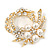 White Simulated Glass Pearl/ Clear Crystal Wreath Brooch In Gold Plating - 5cm Diameter - view 10