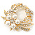 White Simulated Glass Pearl/ Clear Crystal Wreath Brooch In Gold Plating - 5cm Diameter - view 6
