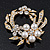 White Simulated Glass Pearl/ Clear Crystal Wreath Brooch In Gold Plating - 5cm Diameter - view 4