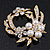 White Simulated Glass Pearl/ Clear Crystal Wreath Brooch In Gold Plating - 5cm Diameter - view 7