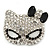 Pave Set Swarovski Crystal Cat Mask Brooch In Rhodium Plating - 5cm Width