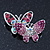 Pink/ Magenta/ AB Crystal Double Butterfly Brooch In Rhodium Plating - 35mm Width - view 2