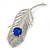 Large Swarovski Crystal Peacock 'Feather' Brooch In Rhodium Plating (Clear/ Sapphire Blue Colour) - 95mm Long - view 2