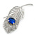 Large Swarovski Crystal Peacock 'Feather' Brooch In Rhodium Plating (Clear/ Sapphire Blue Colour) - 95mm Long - view 8