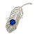 Large Swarovski Crystal Peacock 'Feather' Brooch In Rhodium Plating (Clear/ Sapphire Blue Colour) - 95mm Long - view 10