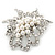 Bridal White Simulated Pearl Cluster, Clear Crystal Brooch In Silver Plated Metal - 50mm Length - view 2